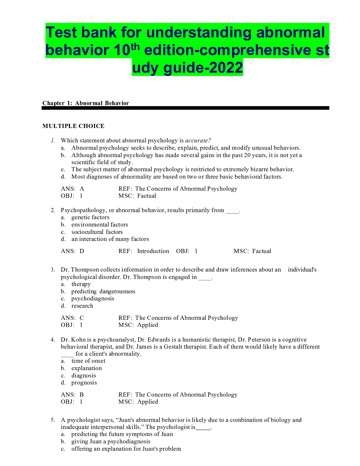 Preview of Test bank for understanding abnormal behavior 10th edition-comprehensive study guide-2022